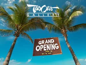 A sign which says Grand Opening strung between two palm trees and a Tabora Gallery Logo to announce their new location opening