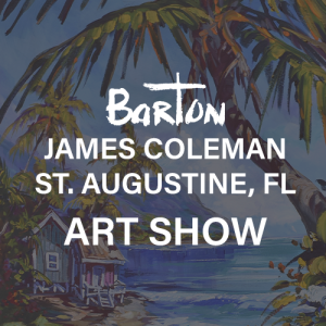 Steve Barton St. Augustine coastal painting of a path leading to a small beach cottage on the beach. Steve's signature palm tree in front. Promotional image for Barton's art show at james coleman gallery in st. augustine florida