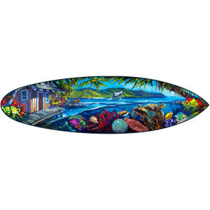 Acrylic surfboard art by Steve Barton featuring a coastal house overlooking the ocean, vibrant underwater coral reefs, sea turtles, tropical fish, and a whale breaching in the background. Limited edition surfboard artwork for collectors.