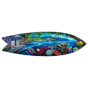 Acrylic surfboard art by Steve Barton featuring a coastal house overlooking the ocean, vibrant underwater coral reefs, sea turtles, tropical fish, and a whale breaching in the background. Limited edition surfboard artwork for collectors.