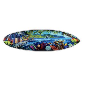 Acrylic surfboard art by Steve Barton featuring a coastal house overlooking the ocean, vibrant underwater coral reefs, sea turtles, tropical fish, and a whale breaching in the background. Limited edition surfboard artwork for collectors.